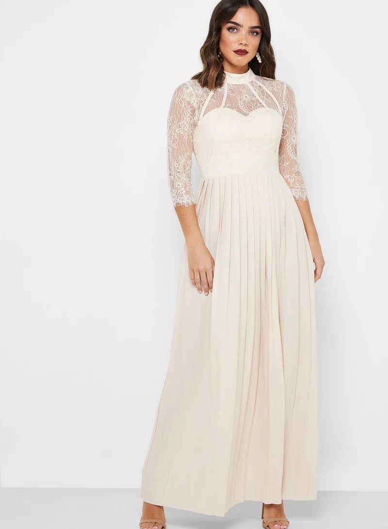 Little Mistress Lace Detail Pleated High Neck Dress
