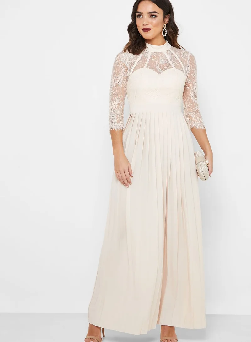 Little Mistress Lace Detail Pleated High Neck Dress