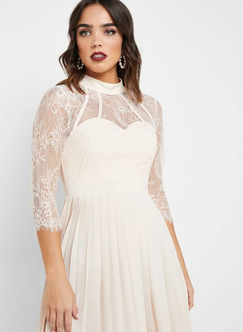 Little Mistress Lace Detail Pleated High Neck Dress