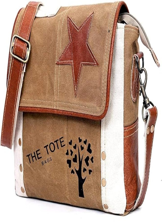CREATIVE LEATHER ART Vintage Canvas Leather Messenger Bag for Men & Women, Crossbody, Shoulder Bag, Satchel 11" with Star Flap Small Travel Use - Image 1