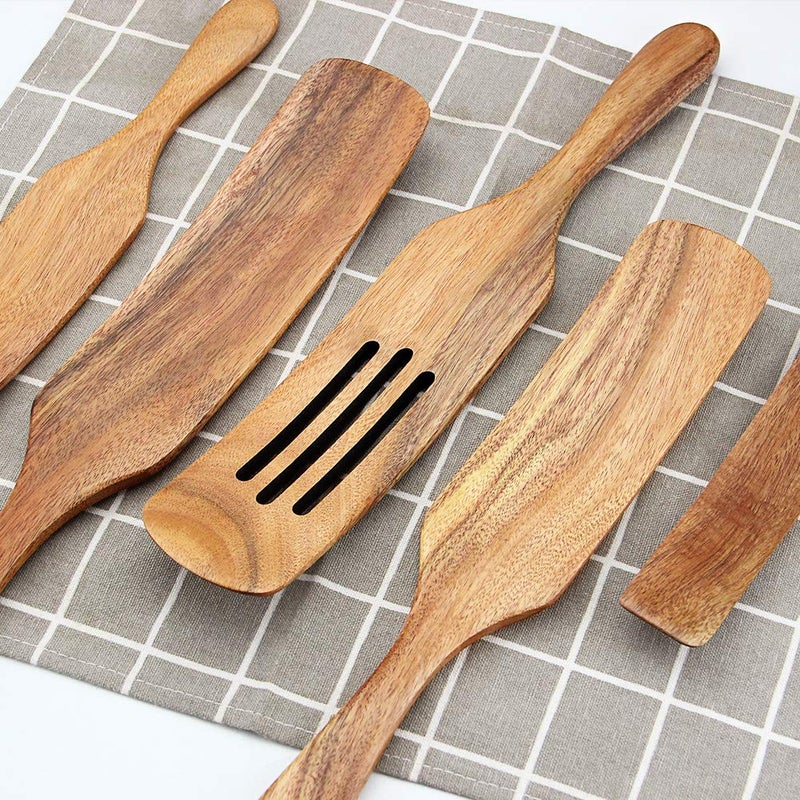 AOOSY Wooden Spurtle Set As Seen On TV, AOOSY 5 Pcs Natural Acacia Wood Spatula Kitchen Tools Utensil Set Heat Resistant Non Stick Wood Cookware, Slotted Spatula for Stirring - Image 3