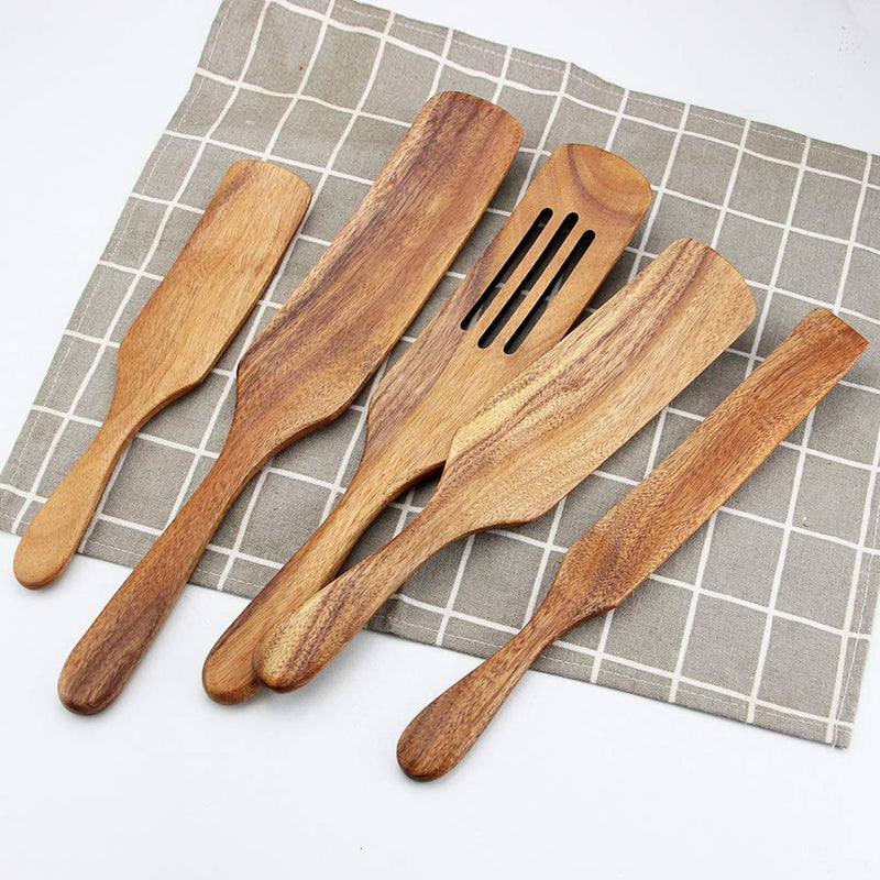 AOOSY Wooden Spurtle Set As Seen On TV, AOOSY 5 Pcs Natural Acacia Wood Spatula Kitchen Tools Utensil Set Heat Resistant Non Stick Wood Cookware, Slotted Spatula for Stirring - Image 2