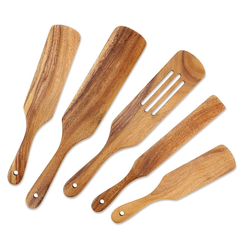 AOOSY Wooden Spurtle Set As Seen On TV, AOOSY 5 Pcs Natural Acacia Wood Spatula Kitchen Tools Utensil Set Heat Resistant Non Stick Wood Cookware, Slotted Spatula for Stirring - Image 1