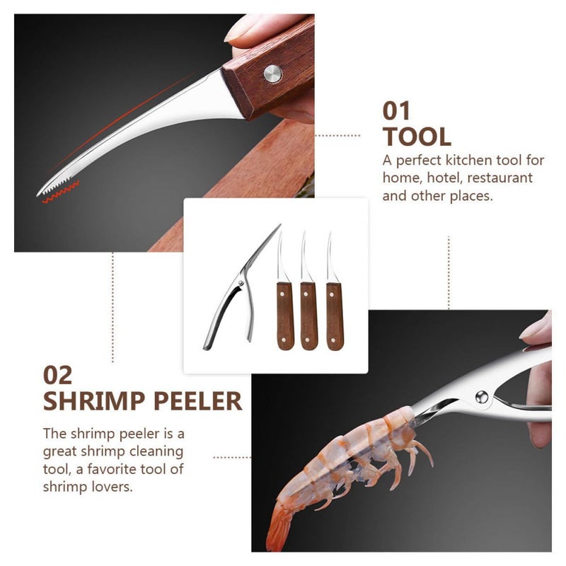 Stainless Steel Shrimp Peeler and Deveiner Set with Walnut Wood Handle 4 Pieces Kitchen Tool - Image 4