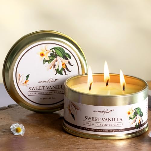Aromahpure Vanilla 3 Wick Candle in Container with Lid | 85g | Burn Time 7 Hours | Scented Candle | Relaxing Aromatherapy Candles for Home Décor, Gifting, Bedroom & Spa - Image 1