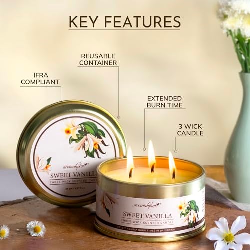 Aromahpure Vanilla 3 Wick Candle in Container with Lid | 85g | Burn Time 7 Hours | Scented Candle | Relaxing Aromatherapy Candles for Home Décor, Gifting, Bedroom & Spa - Image 4