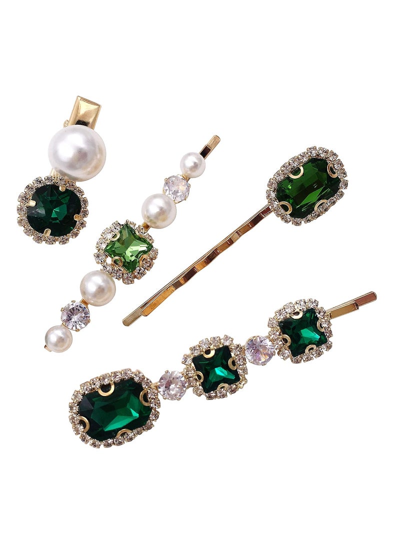 Lizzie Kay 4PCS Vintage Green Crystal Pearl Gold Bobby Pins Decorative Hair Slides Clips Accessories Women 