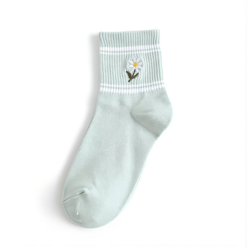 Women Cotton Daisy Embroidery Crew Socks Soft Breathable Casual Sports - Image 1