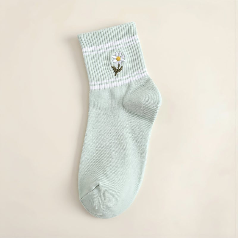 Women Cotton Daisy Embroidery Crew Socks Soft Breathable Casual Sports - Image 4