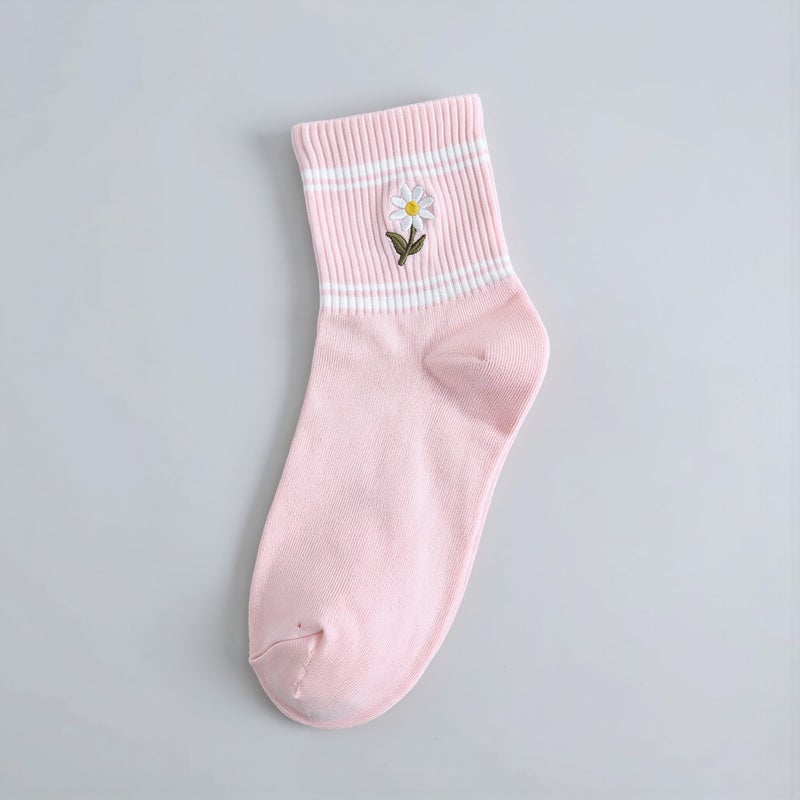 Women Cotton Daisy Embroidery Crew Socks Soft Breathable Casual Sports - Image 3