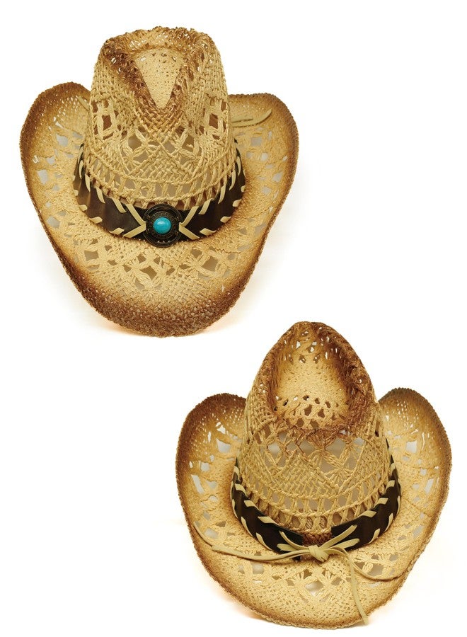 YOUBADU Western Straw Cowboy and Cowgirl Hats with Decorative Bands - Unisex Wide Brim Raffia Style Sun Hat - Image 3