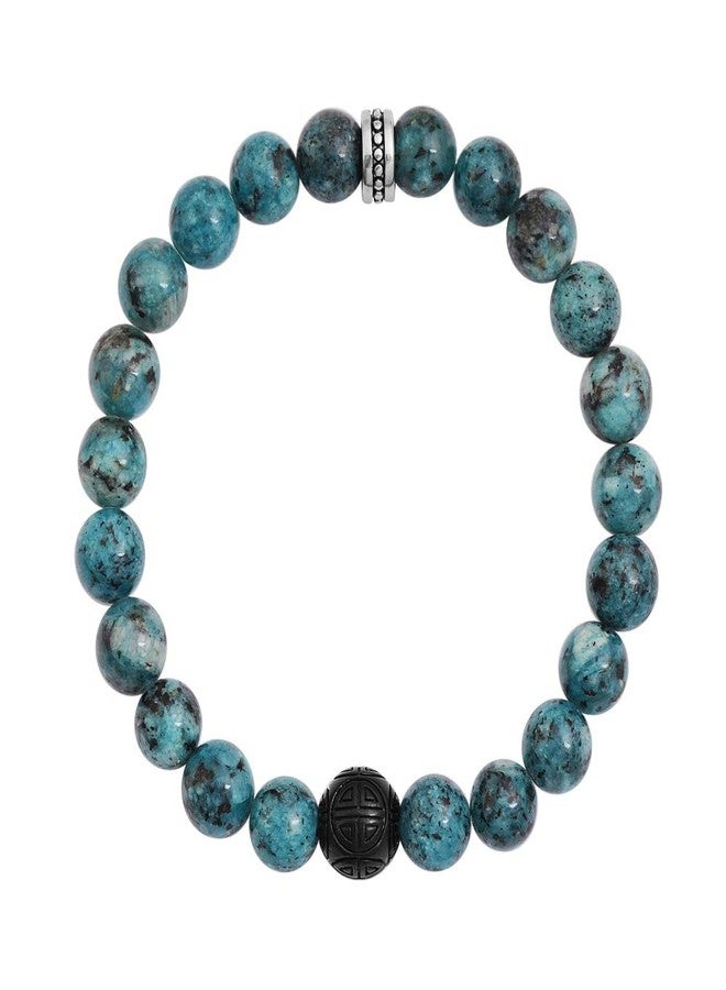 Geoffrey Beene Natural Stone Elastic 9mm Beaded Bracelet with Black Chinese Good Fortune Piece (Azurite Chrysocolla) - Image 2