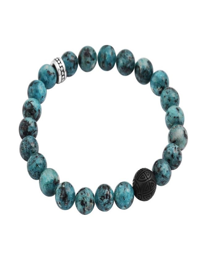 Geoffrey Beene Natural Stone Elastic 9mm Beaded Bracelet with Black Chinese Good Fortune Piece (Azurite Chrysocolla) - Image 3
