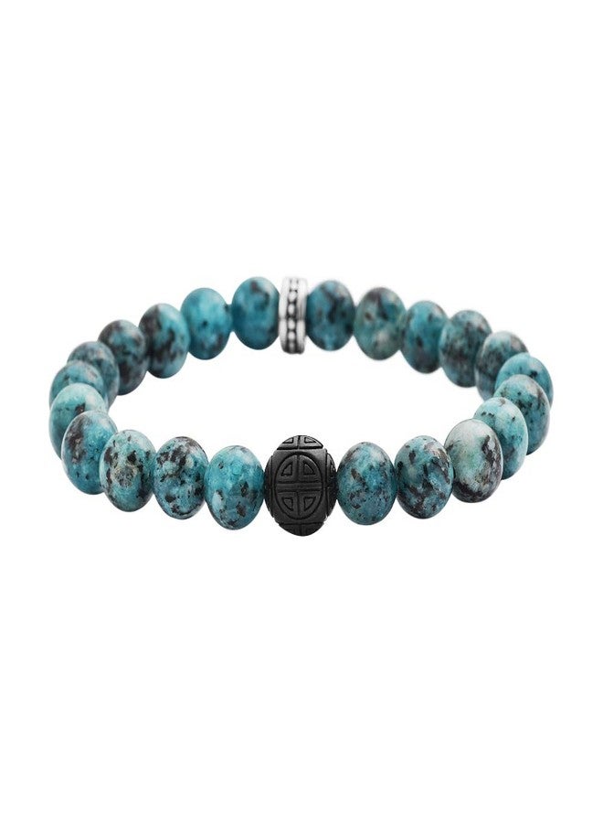 Geoffrey Beene Natural Stone Elastic 9mm Beaded Bracelet with Black Chinese Good Fortune Piece (Azurite Chrysocolla) - Image 1