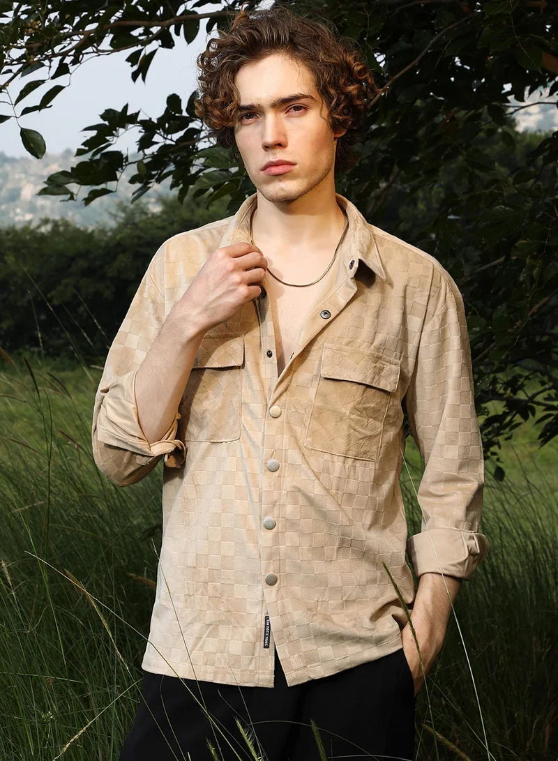 Campus Sutra Men's Buff Beige Cubic Velvet Utility Shacket