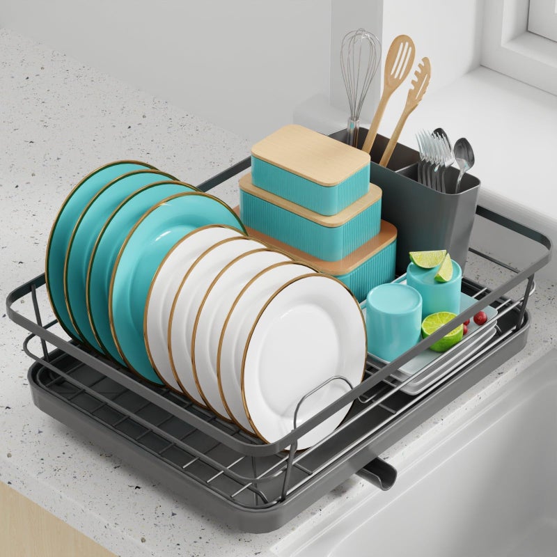 Sakugi Dish Drying Rack  Stainless Steel Dish Rack with Drainboard for Kitchen Counter and Sink 156 D x 12 W x 5 H Grey