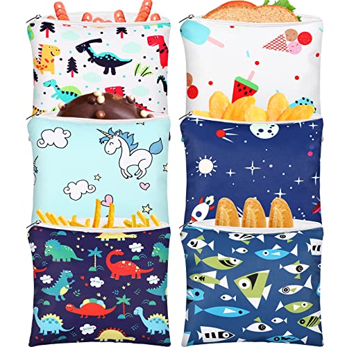 Chumia 6 Pack Reusable Snack Bags for Kids, Washable Sandwich & Food Storage Pouches, Dual-layer Silicone Lined Lunch Bags with Zipper for School & Travel(Animal,7 x 7 Inches) - Image 1