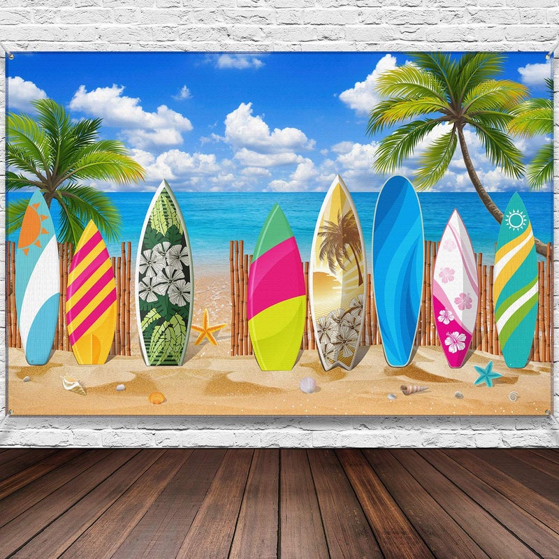 Blulu Beach Party Decorations Tropical Background Banner Summer Hawaiian Beach Decorations Surfboard Backdrop Luau Party Backdrop for Photography Birthday Tiki Themed, 72. 8 x 43. 3 Inch - Image 1