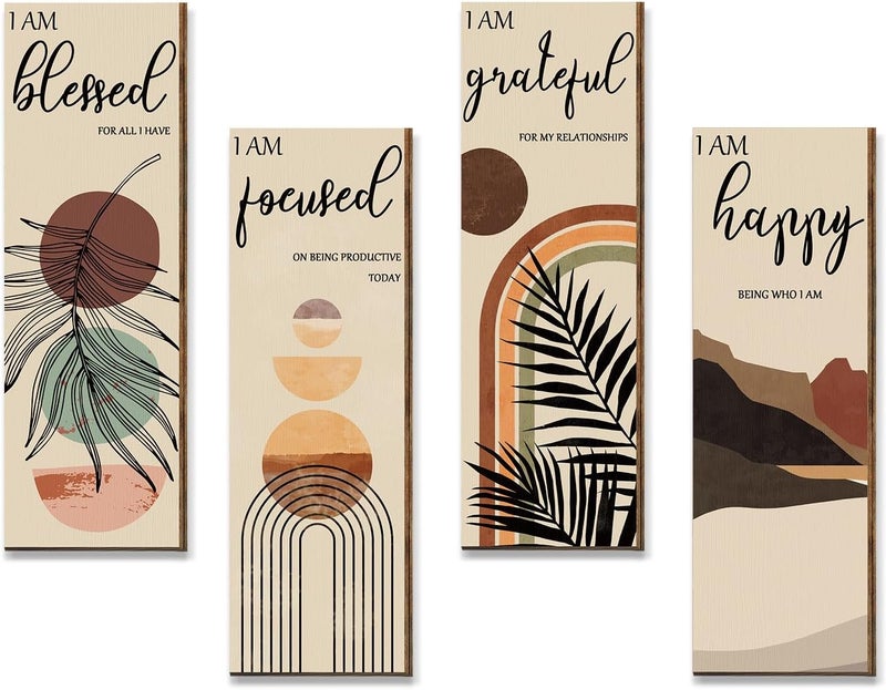 Yulejo Boho Wall Art Prints 11 x 4 x 1 Inch, Set of 4, Mid Century Positive Affirmations Wall Decor Inspirational Boho Prints Wall Art Minimalist Home Decor Prints for Kitchen, Bedroom, Living Room, No Frame - Image 1