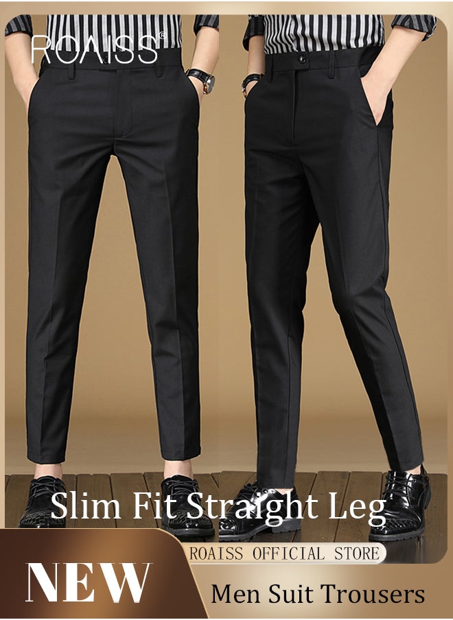 roaiss Men Straight Leg Slim Fit Trousers  Elastic Slimming Effect Pilling Free & Colorfast Mid Rise & Tummy Control No Crotch Binding  - Image 1