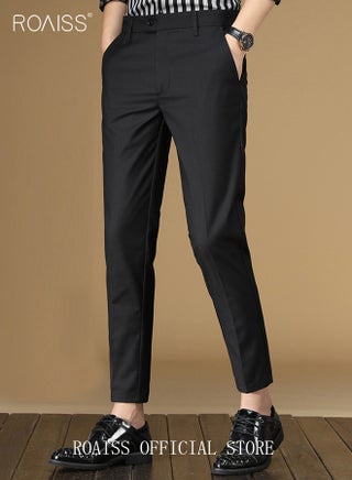 Men Straight Leg Slim Fit Trousers Elastic Slimming Effect Pilling Free Colorfast Mid Rise Tummy Control No Crotch Binding Nine-Point Youth Suit Pants with Mid-Waist Zipper Black - view 2