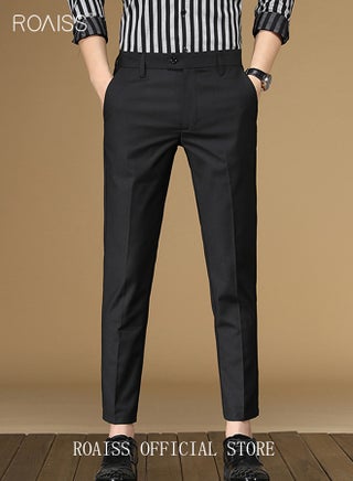 Men Straight Leg Slim Fit Trousers Elastic Slimming Effect Pilling Free Colorfast Mid Rise Tummy Control No Crotch Binding Nine-Point Youth Suit Pants with Mid-Waist Zipper Black - view 3