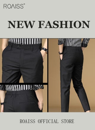 Men Straight Leg Slim Fit Trousers Elastic Slimming Effect Pilling Free Colorfast Mid Rise Tummy Control No Crotch Binding Nine-Point Youth Suit Pants with Mid-Waist Zipper Black - view 5