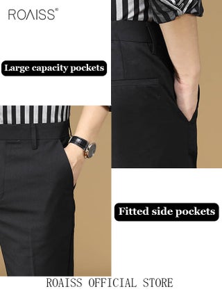 Men Straight Leg Slim Fit Trousers Elastic Slimming Effect Pilling Free Colorfast Mid Rise Tummy Control No Crotch Binding Nine-Point Youth Suit Pants with Mid-Waist Zipper Black - view 4