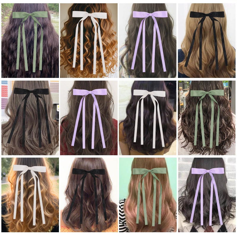 WORTL Hair Bows Clips Coquette Ribbon Bowknot with Long Tail Princess Hair Bows French Barrettes Hair Accessories for Women Girls 16PCS (Cream, Green, Purple, Black) - Image 4