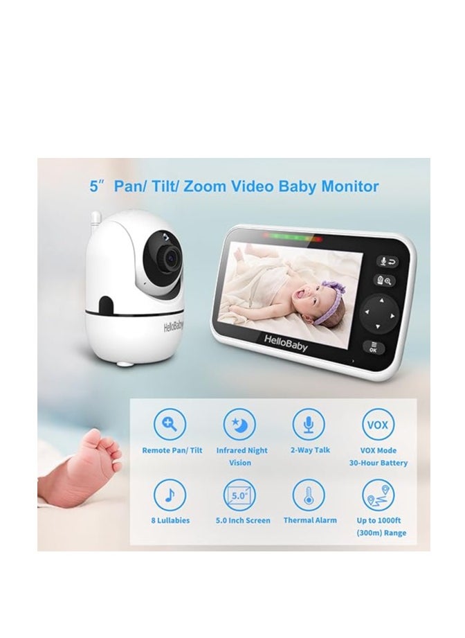 Hellobaby - Video Baby Monitor With Upgraded Monitor, 5'' Screen With 30-Hour Battery, Pan-Tilt-Zoom Camera And Audio, Night Vision, VOX, 2-Way Talk, 8 Lullabies And 1000ft Range, No WiFi - Image 1