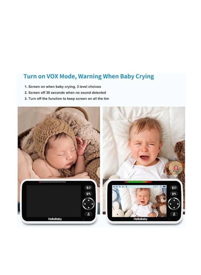 Hellobaby - Video Baby Monitor With Upgraded Monitor, 5'' Screen With 30-Hour Battery, Pan-Tilt-Zoom Camera And Audio, Night Vision, VOX, 2-Way Talk, 8 Lullabies And 1000ft Range, No WiFi - Image 1