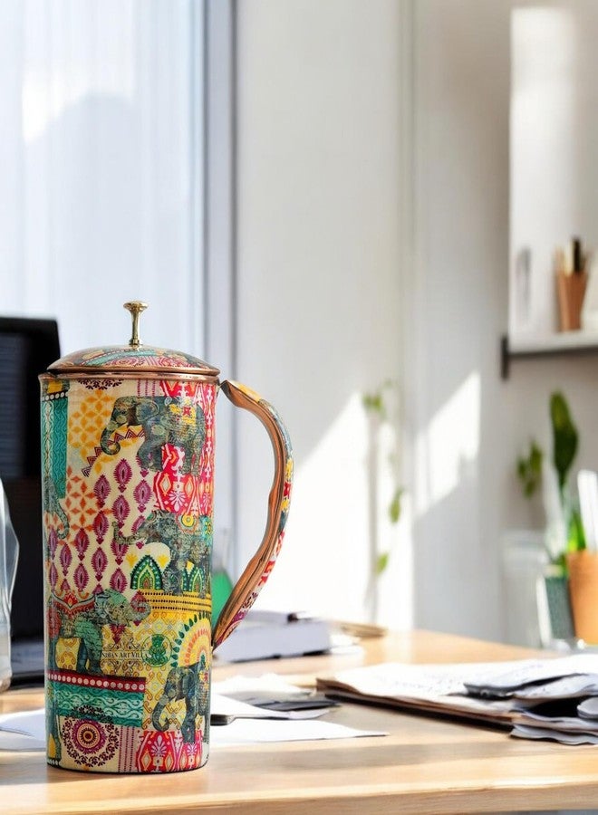 INDIAN ART VILLA Pure Copper Printed Water Jug with Lid - 1250 ML, Multicolor Traditional Design, Ayurvedic Copper Pitcher for Daily Use, Home Décor & Gifting - Image 5