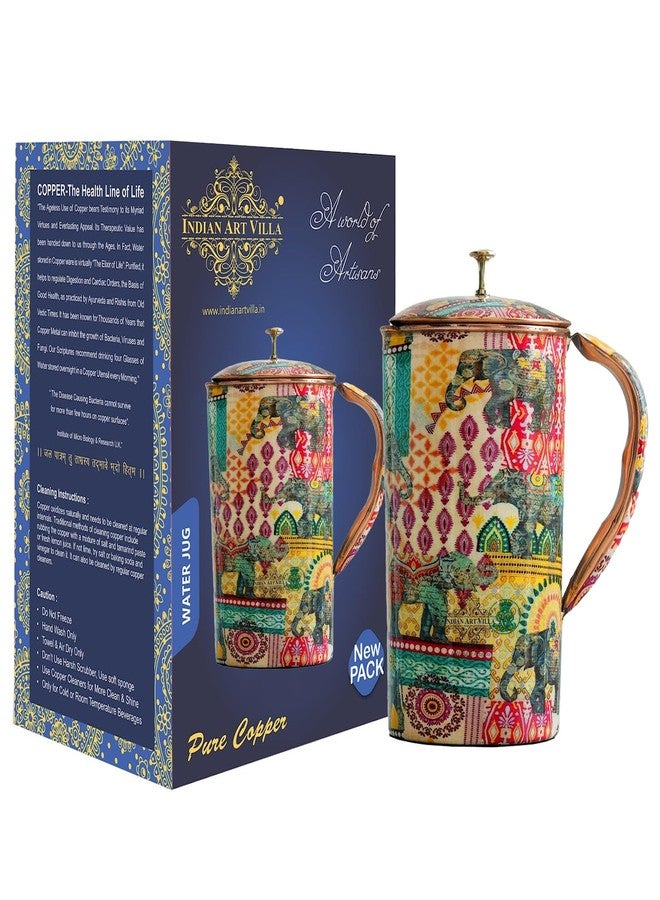 INDIAN ART VILLA Pure Copper Printed Water Jug with Lid - 1250 ML, Multicolor Traditional Design, Ayurvedic Copper Pitcher for Daily Use, Home Décor & Gifting - Image 1
