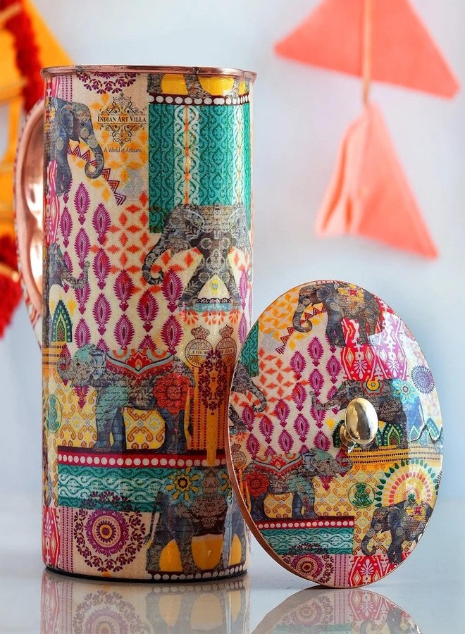 INDIAN ART VILLA Pure Copper Printed Water Jug with Lid - 1250 ML, Multicolor Traditional Design, Ayurvedic Copper Pitcher for Daily Use, Home Décor & Gifting - Image 2