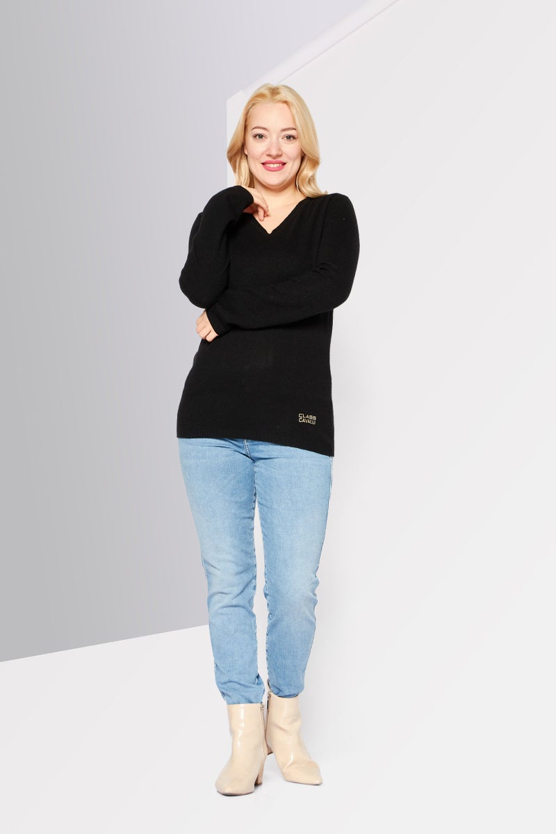 Cavalli Class Women V-Neck Long Sleeve Knitted Sweater, Black - Image 2