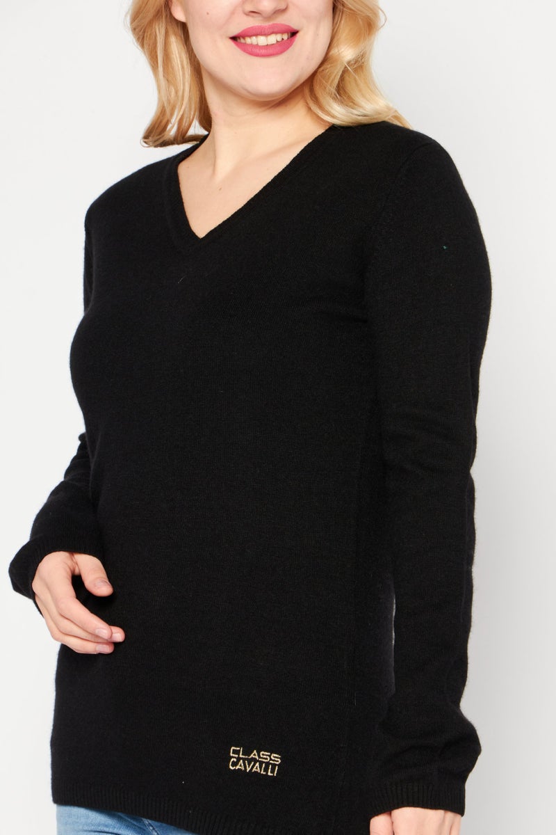Cavalli Class Women V-Neck Long Sleeve Knitted Sweater, Black - Image 3