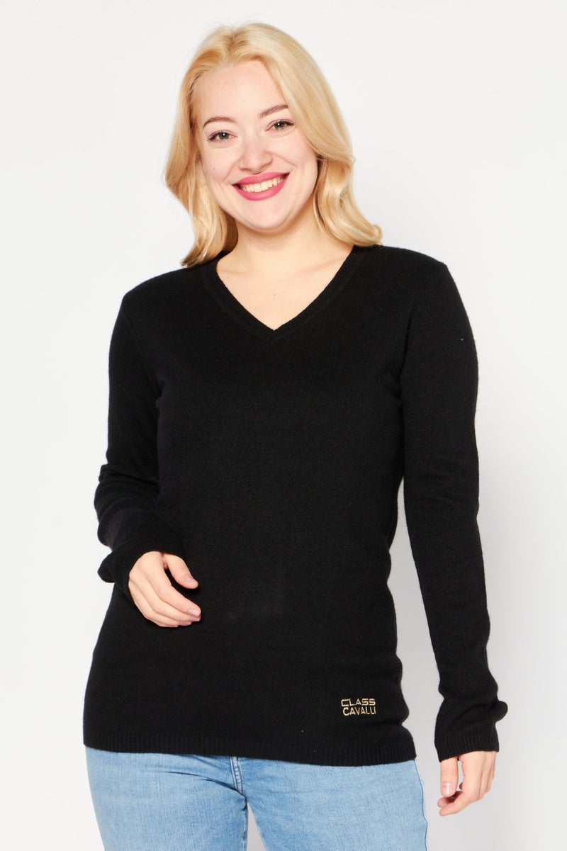Cavalli Class Women V-Neck Long Sleeve Knitted Sweater, Black - Image 1