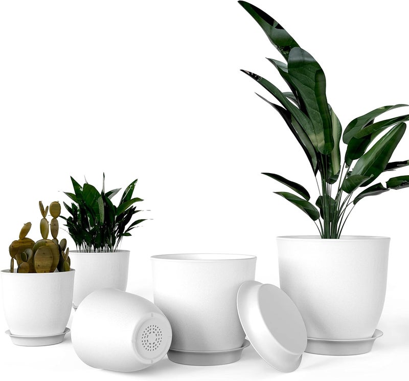 iPower Plastic Planter Pots 5 PCS Set 4571 Inch Plant Pot Indoor Modern Decorative Nursery with Drainage Holes and Tray for All House Plants Succulents Flowers Cactus or Seedling White - Image 1