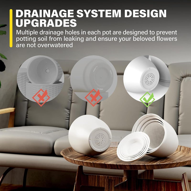 iPower Plastic Planter Pots 5 PCS Set 4571 Inch Plant Pot Indoor Modern Decorative Nursery with Drainage Holes and Tray for All House Plants Succulents Flowers Cactus or Seedling White - Image 4