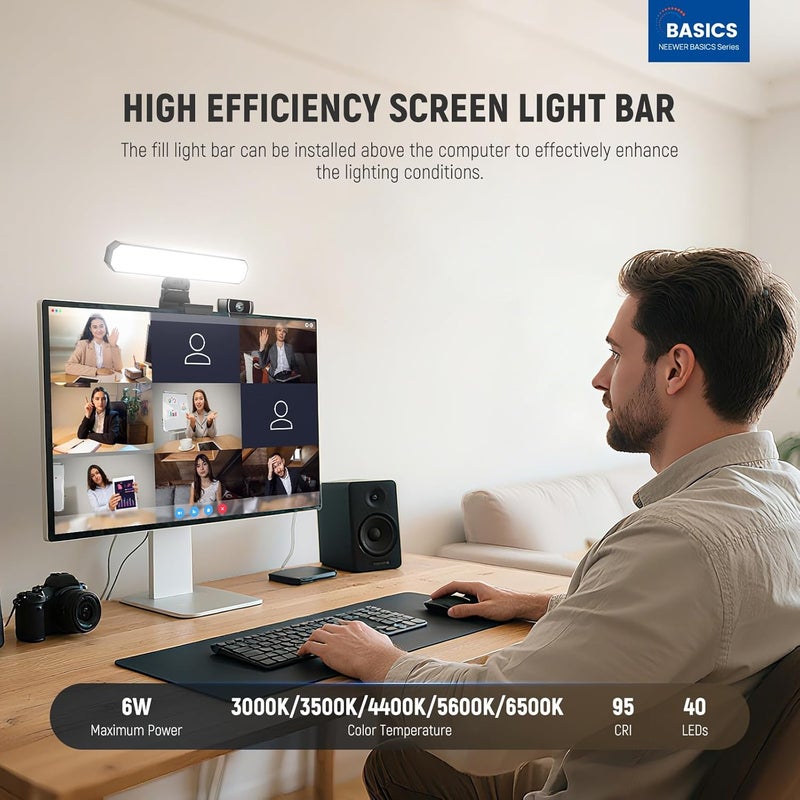 نيوير شريط إضاءة للمراقبة بقدرة 6 واط مع حامل/تحكم عن بعد/لمس من BASICS، مصباح مكتبي LED ثنائي اللون قابل للتعتيم للمكتب المنزلي وإضاءة مؤتمرات الفيديو والكمبيوتر واللابتوب وكاميرا الويب والألعاب والبث والقراءة عبر Zoom، طراز L10 - Image 2