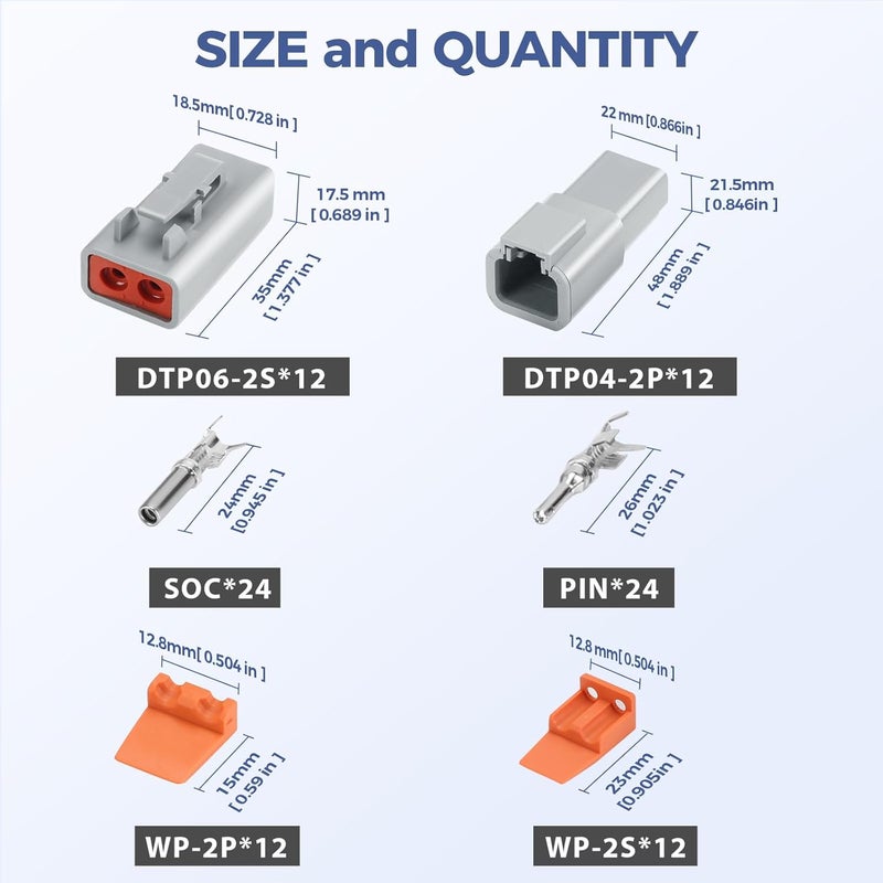 Deutusacc 96 PCS Deutsch DTP Connector Kit 2 Pin Automotive Waterproof Connectors 12 sets with Size 12 Stamped Contacts Gauge 14-12 AWG Wire Size,25A - Image 2