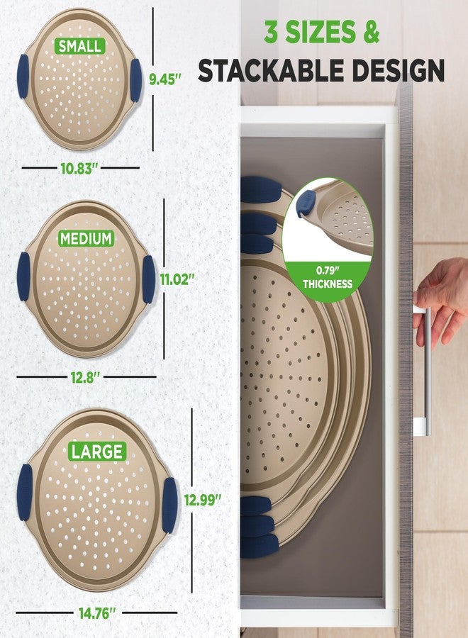 NutriChef 3-Piece Pizza Tray Set with Silicone Handles - Round Nonstick Pizza Pan with Perforated Holes, Durable Carbon Steel, Small, Medium, Large Sizes - Ideal for Crispy, Evenly Baked Pizzas (Gold) - Image 3