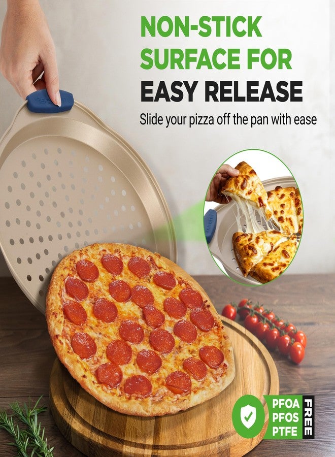 NutriChef 3-Piece Pizza Tray Set with Silicone Handles - Round Nonstick Pizza Pan with Perforated Holes, Durable Carbon Steel, Small, Medium, Large Sizes - Ideal for Crispy, Evenly Baked Pizzas (Gold) - Image 4