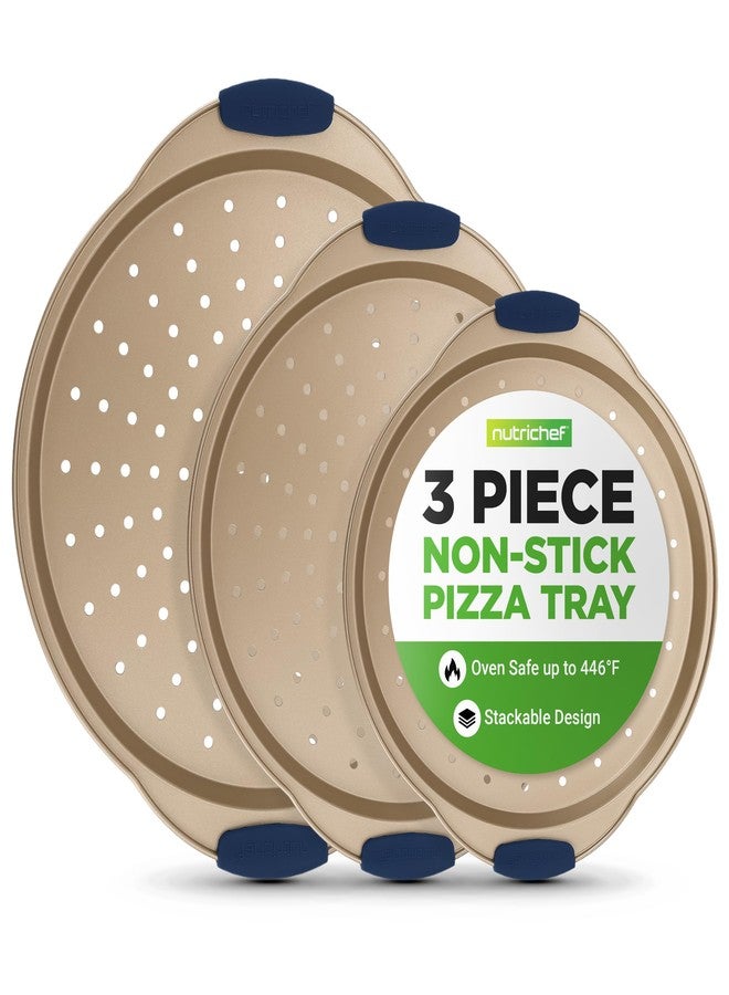 NutriChef 3-Piece Pizza Tray Set with Silicone Handles - Round Nonstick Pizza Pan with Perforated Holes, Durable Carbon Steel, Small, Medium, Large Sizes - Ideal for Crispy, Evenly Baked Pizzas (Gold) - Image 1