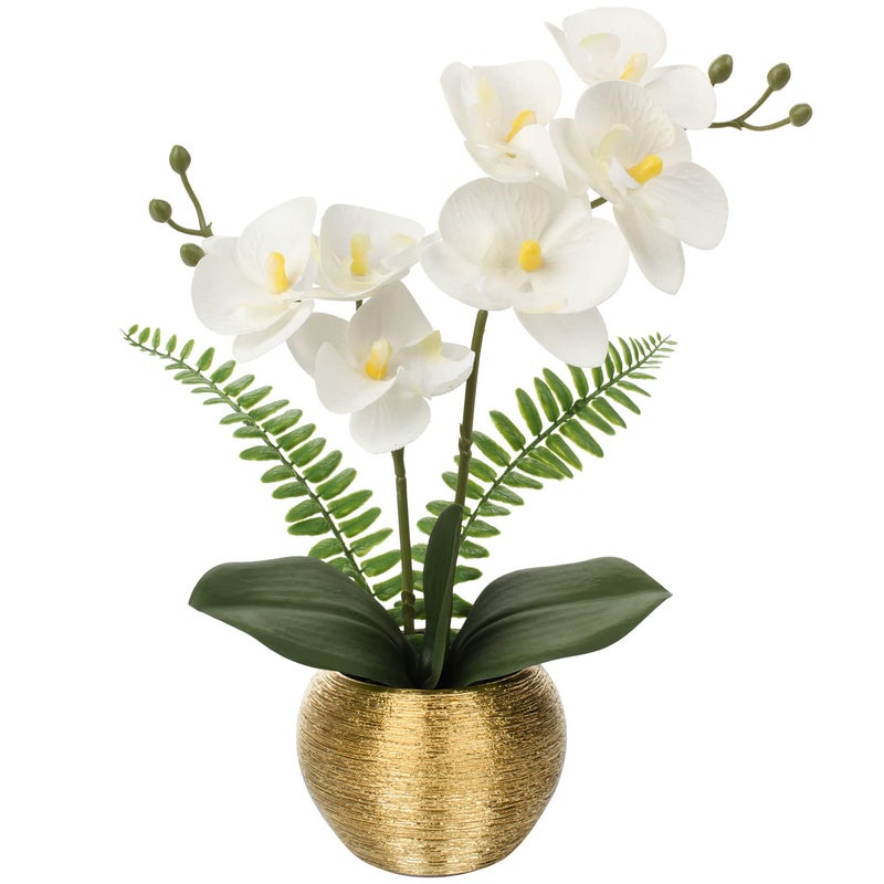 Briful Orchids Artificial Flowers 13 Fake Orchid Flowers in Gold Ceramic Vase Silk Phalaenopsis White Orchid Flowers for Home Office Wedding Party Table Centerpiece Decor