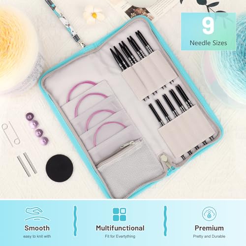 Aeelike Interchangeable Knitting Needles Set 9 Pairs Circular Knitting Needles Aluminum Size 30mm80mm with 4 Cables Accessories and Cute Storage Case for Socks Blankets Cushions Ideal Gift - Image 3