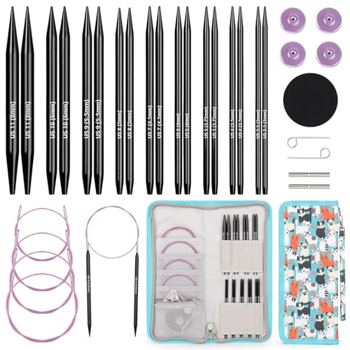 Aeelike Interchangeable Knitting Needles Set 9 Pairs Circular Knitting Needles Aluminum Size 30mm80mm with 4 Cables Accessories and Cute Storage Case for Socks Blankets Cushions Ideal Gift - Image 1