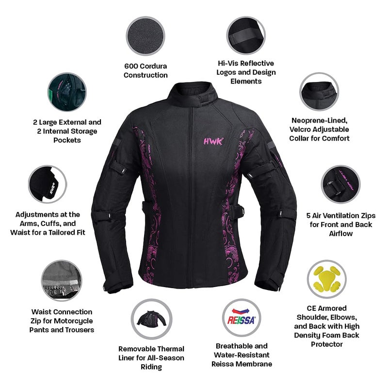 HWK Adventure/Touring Motorcycle Jacket for Women, Women's Motorcycle Jacket with CE Armor for Enduro Motorbike Riding, Water Resistant Textile Biker Jacket for Women - Black & White, Large - Image 3