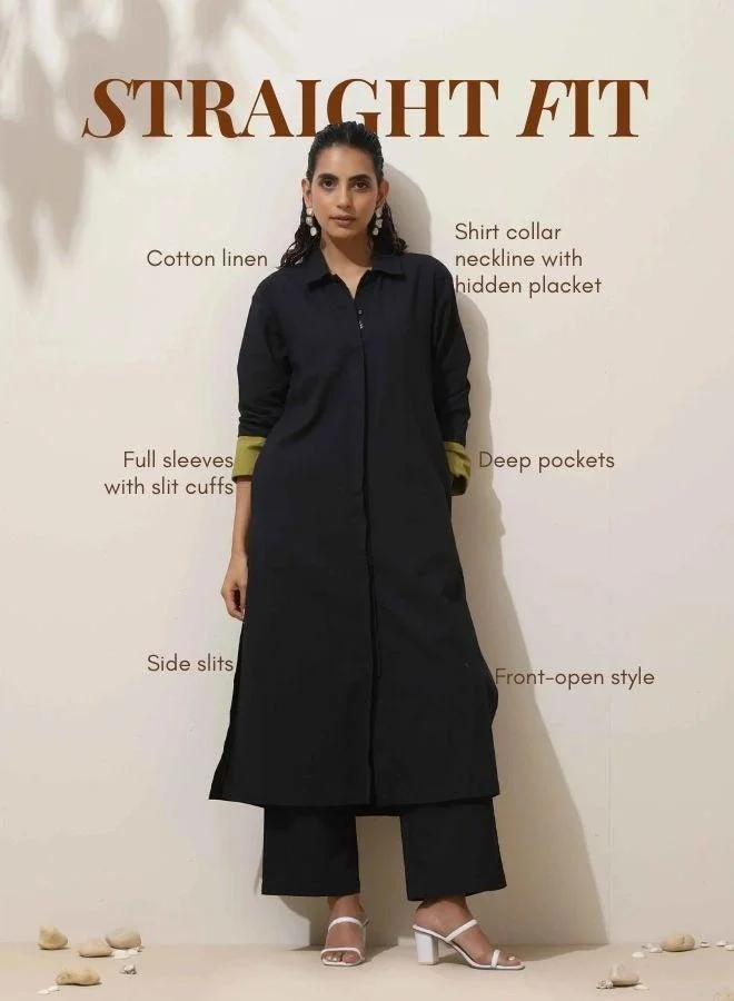 trueBrowns  trueBrowns Black Cotton Kurta Pant Set for Women | Best Price UAE