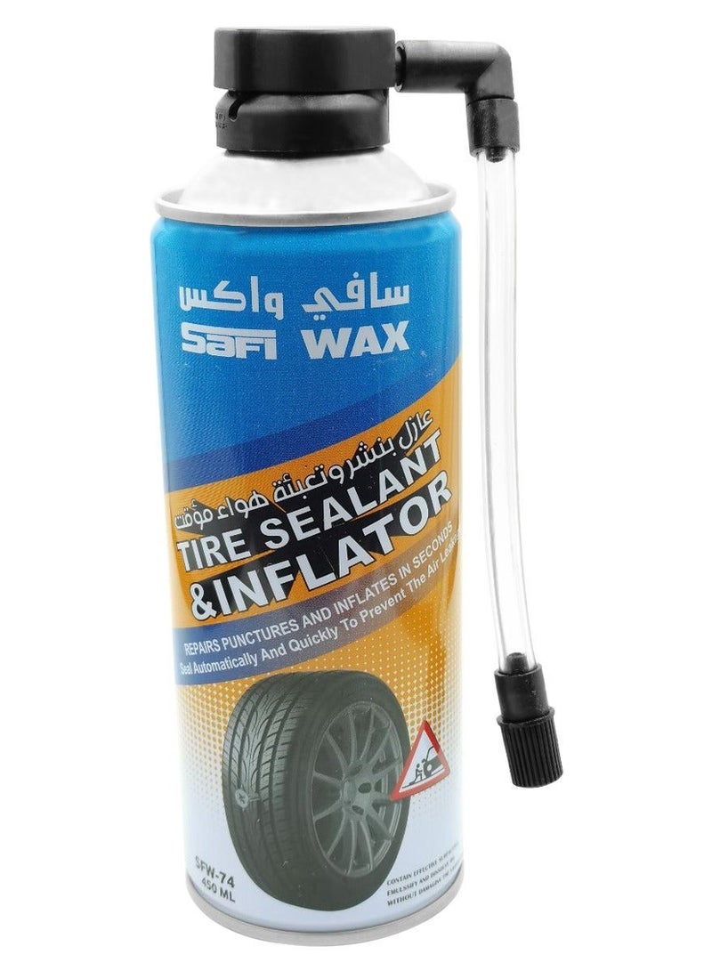 سافي واكس Safi Wax: مانع تسرب ومنفاخ للإطارات (450 مل) - رذاذ طوارئ لإصلاح الثقوب في إطارات السيارات والدراجات النارية والهوائية (بدون أنابيب داخلية)؛ يعمل على النفخ السريع وسد التسربات، لا يتطلب استخدام رافعة (جاك)، يصلح الثقوب حتى قطر 6 مم، طقم إصلاح إطارات محمول مخصص للاستخدام في حالات الطوارئ والمساعدة على الطريق. - Image 1